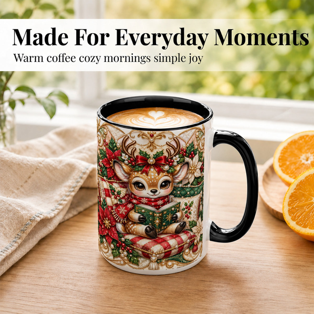 #pl[15oz|Black] Christmas Reading Reindeer Coffee Mug, Quilted Deer Mug, Ceramic Cup