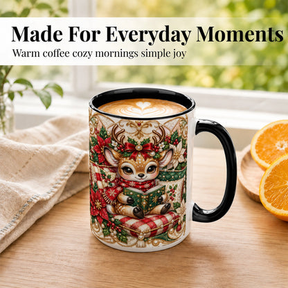 #pl[15oz|Black] Christmas Reading Reindeer Coffee Mug, Quilted Deer Mug, Ceramic Cup
