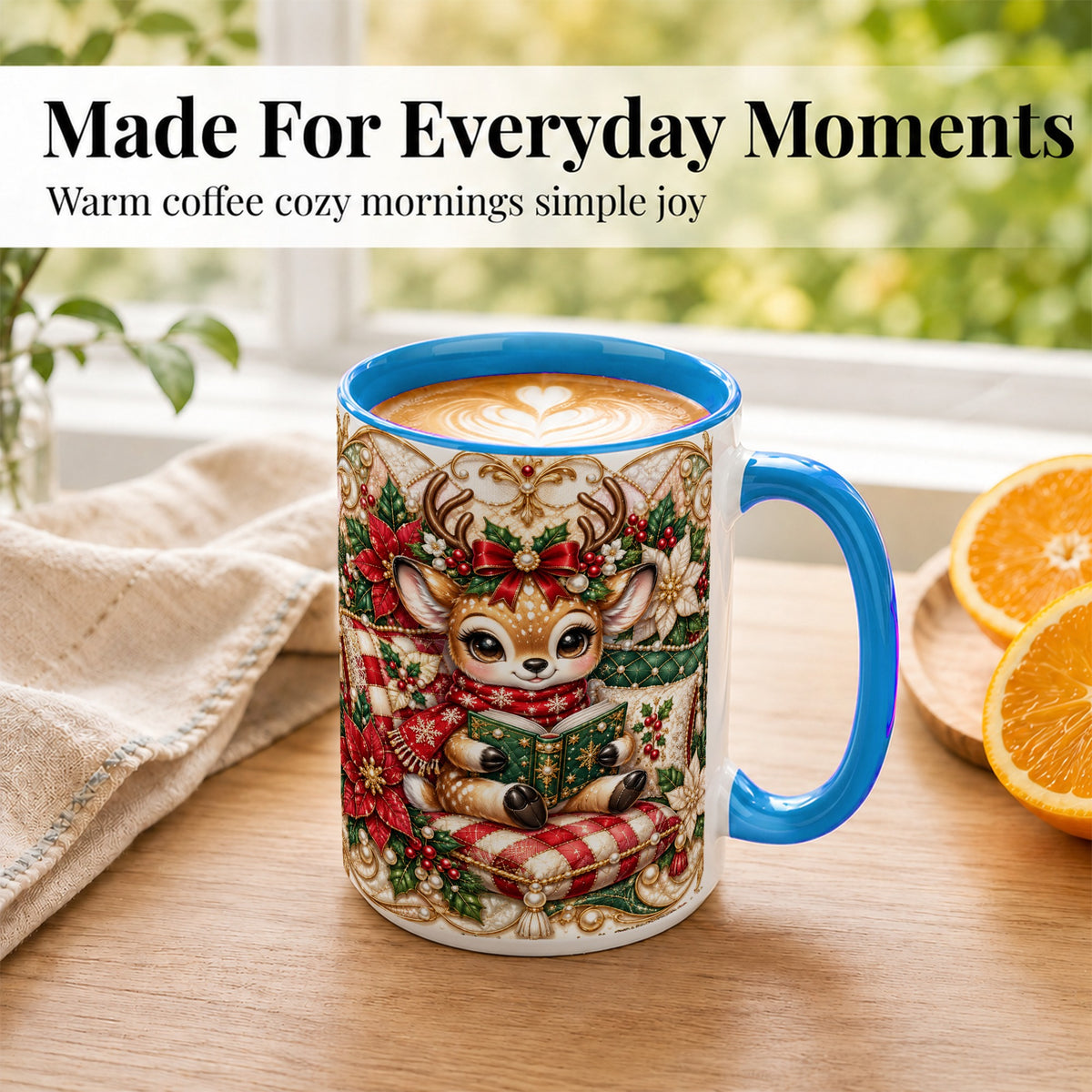 #pl[15oz|Blue] Christmas Reading Reindeer Coffee Mug, Quilted Deer Mug, Ceramic Cup