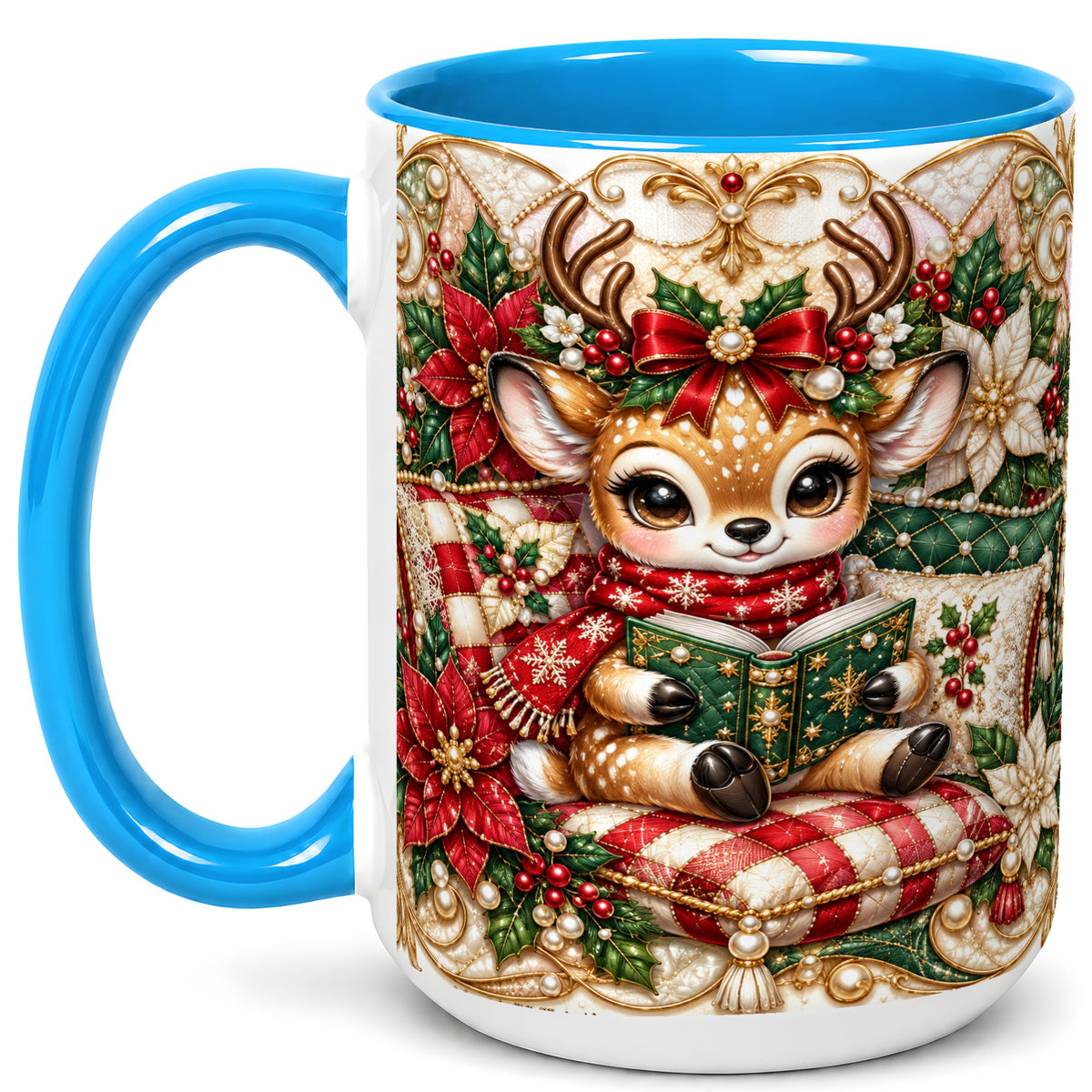 #pl[15oz|Blue] Christmas Reading Reindeer Coffee Mug, Quilted Deer Mug, Ceramic Cup
