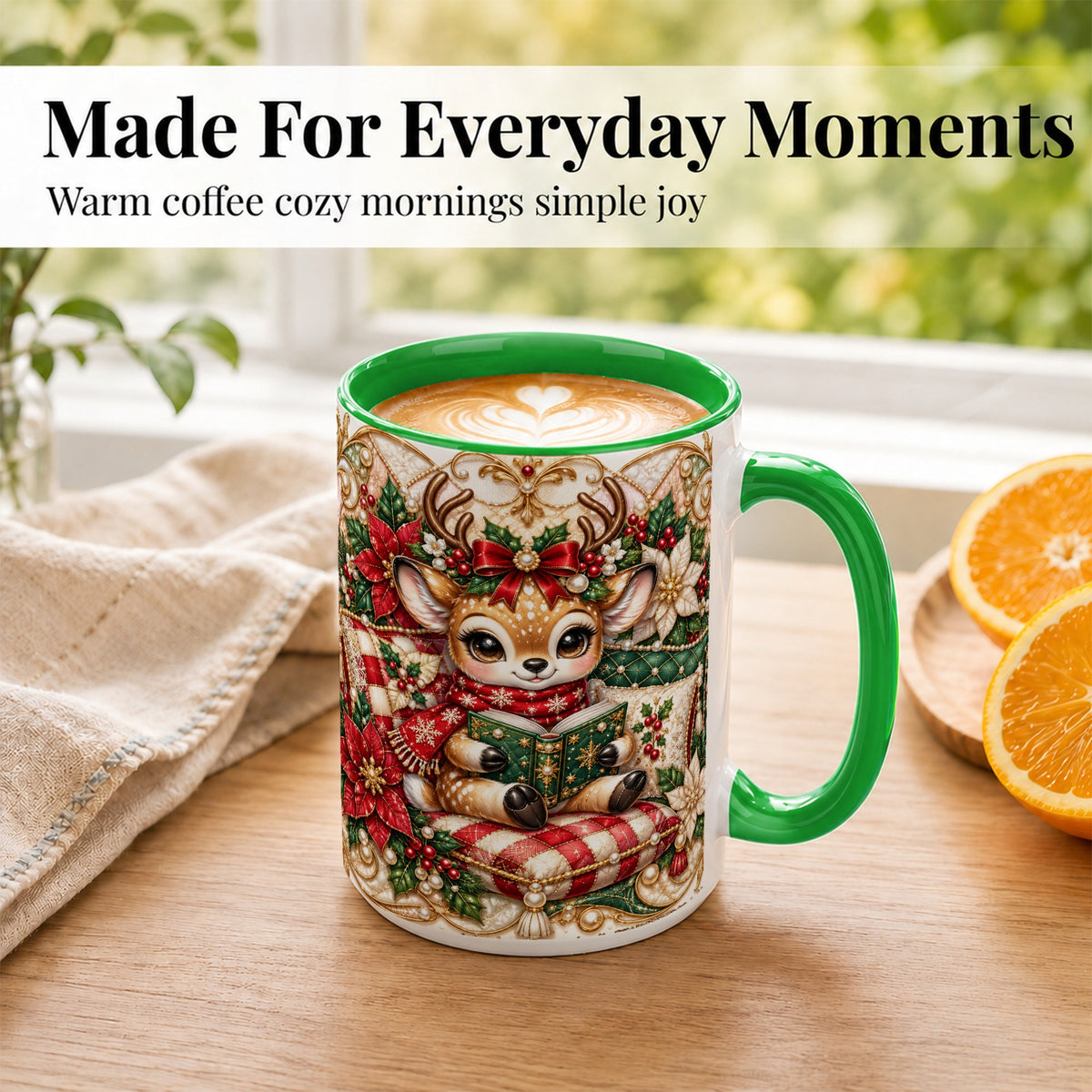 #pl[15oz|Green] Christmas Reading Reindeer Coffee Mug, Quilted Deer Mug, Ceramic Cup