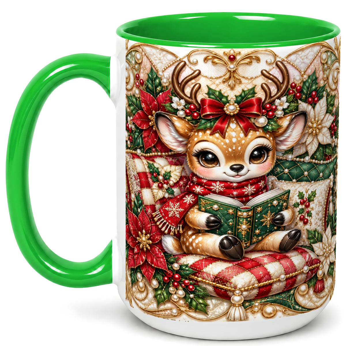 #pl[15oz|Green] Christmas Reading Reindeer Coffee Mug, Quilted Deer Mug, Ceramic Cup