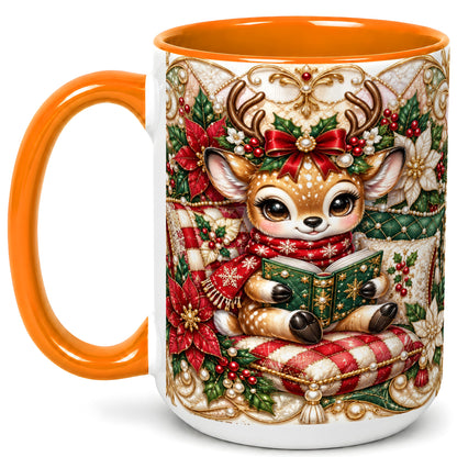 #pl[15oz|Orange] Christmas Reading Reindeer Coffee Mug, Quilted Deer Mug, Ceramic Cup