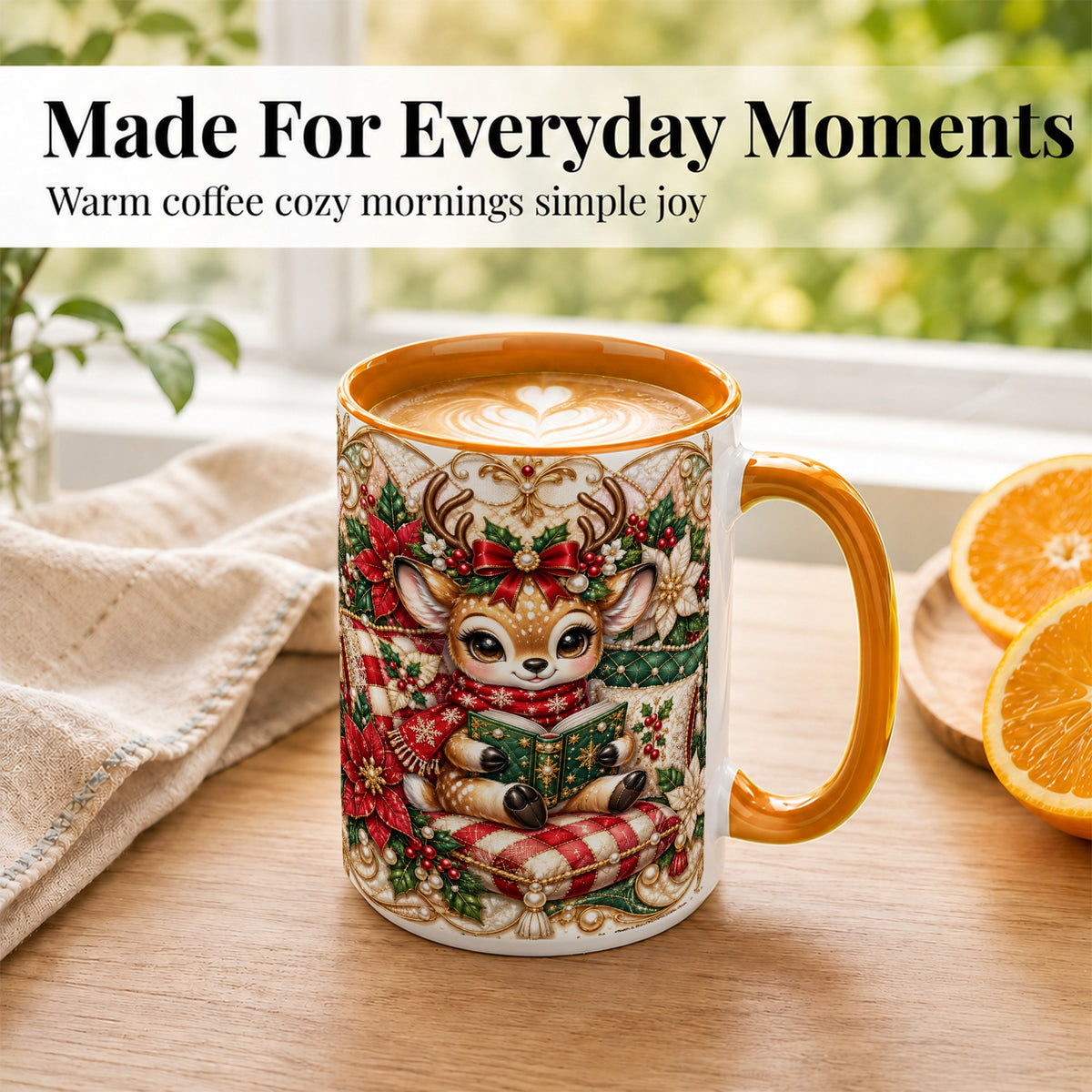 #pl[15oz|Orange] Christmas Reading Reindeer Coffee Mug, Quilted Deer Mug, Ceramic Cup