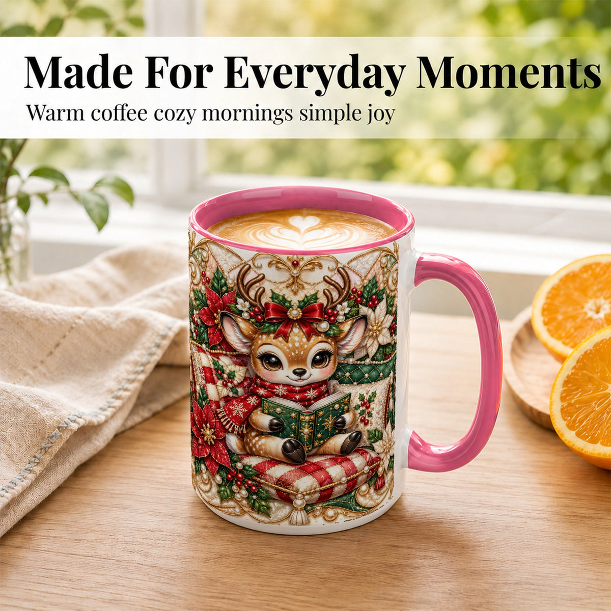 #pl[15oz|Pink] Christmas Reading Reindeer Coffee Mug, Quilted Deer Mug, Ceramic Cup