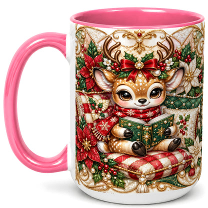 #pl[15oz|Pink] Christmas Reading Reindeer Coffee Mug, Quilted Deer Mug, Ceramic Cup