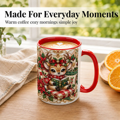 #pl[15oz|Red] Christmas Reading Reindeer Coffee Mug, Quilted Deer Mug, Ceramic Cup