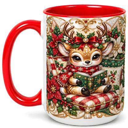 #pl[15oz|Red] Christmas Reading Reindeer Coffee Mug, Quilted Deer Mug, Ceramic Cup