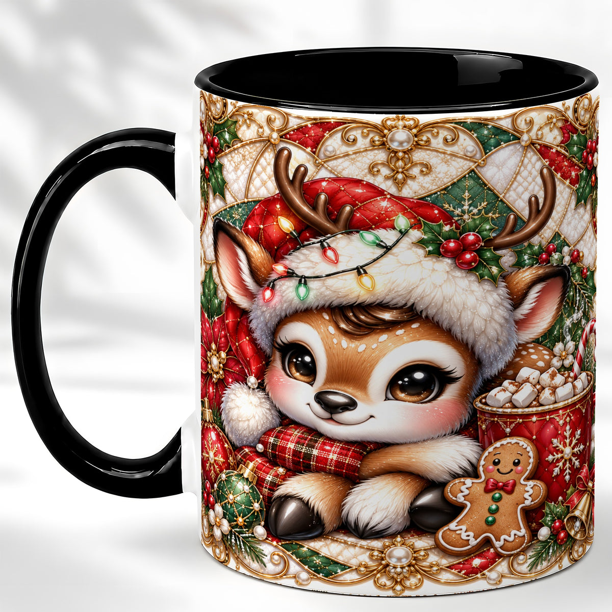 #pl[11oz|Black] Christmas Reindeer Coffee Mug, Cocoa Deer Mug, Ceramic Cup