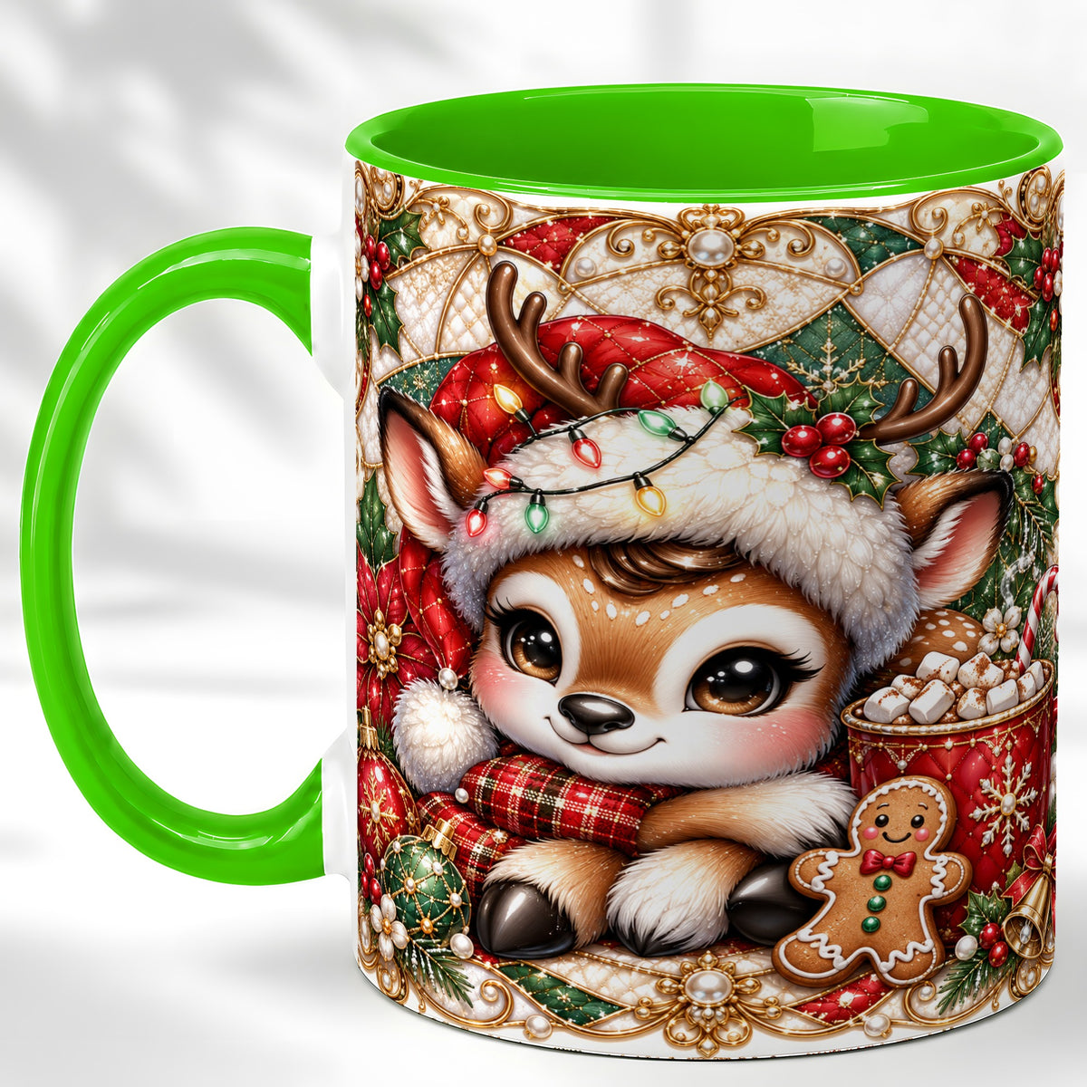 #pl[11oz|Green] Christmas Reindeer Coffee Mug, Cocoa Deer Mug, Ceramic Cup