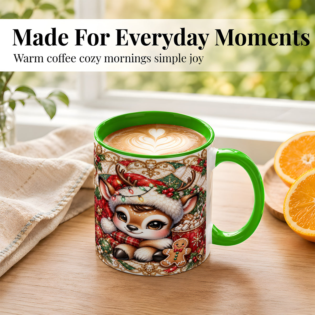 #pl[11oz|Green] Christmas Reindeer Coffee Mug, Cocoa Deer Mug, Ceramic Cup