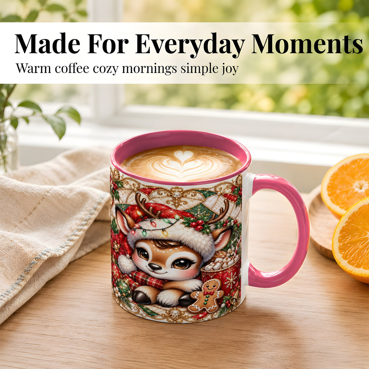 #pl[11oz|Pink] Christmas Reindeer Coffee Mug, Cocoa Deer Mug, Ceramic Cup