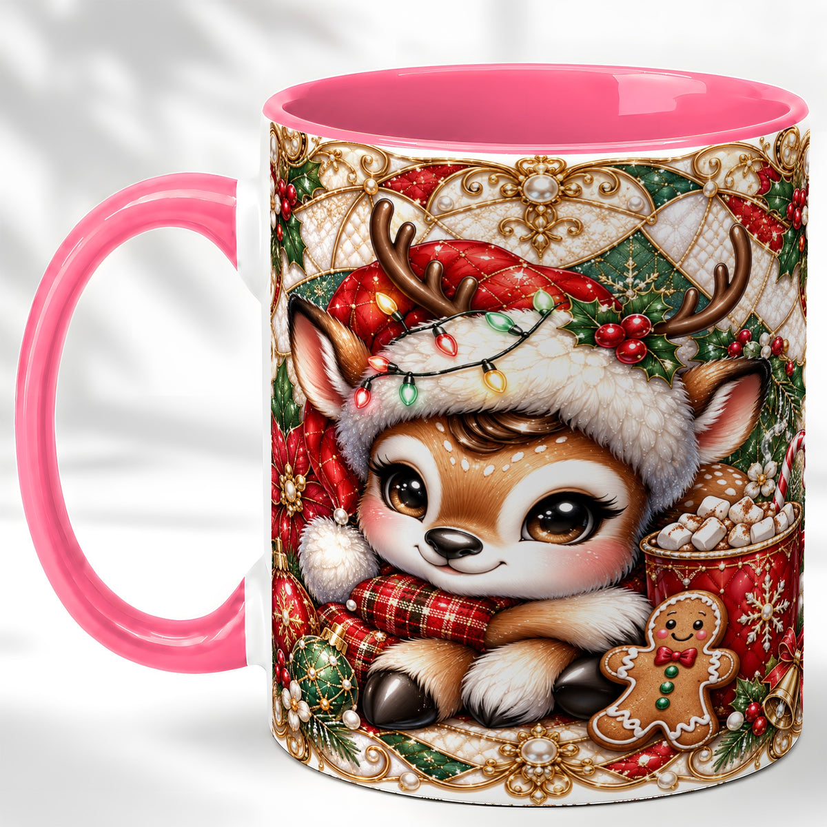 #pl[11oz|Pink] Christmas Reindeer Coffee Mug, Cocoa Deer Mug, Ceramic Cup