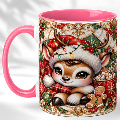 #pl[11oz|Pink] Christmas Reindeer Coffee Mug, Cocoa Deer Mug, Ceramic Cup