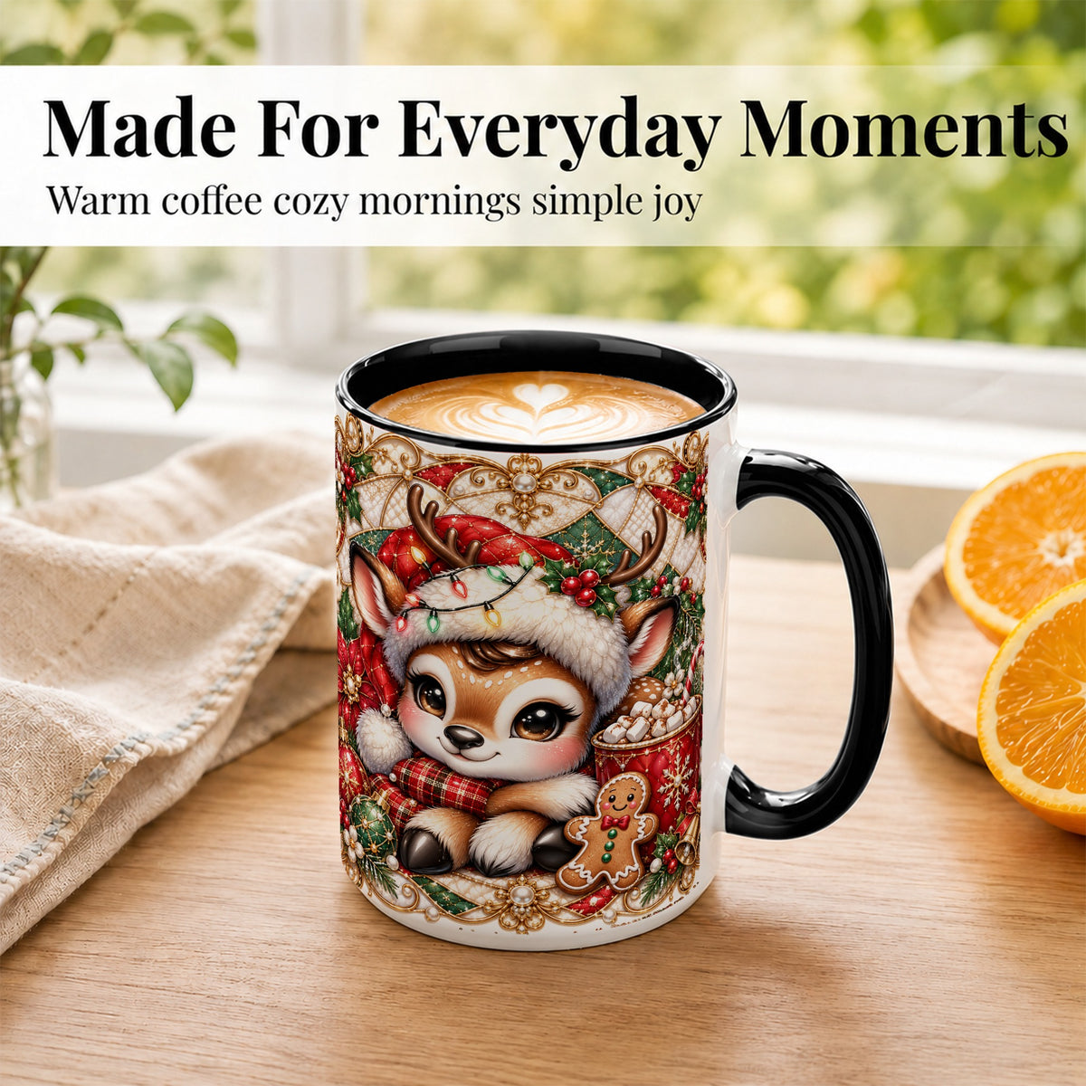 #pl[15oz|Black] Christmas Reindeer Coffee Mug, Cocoa Deer Mug, Ceramic Cup