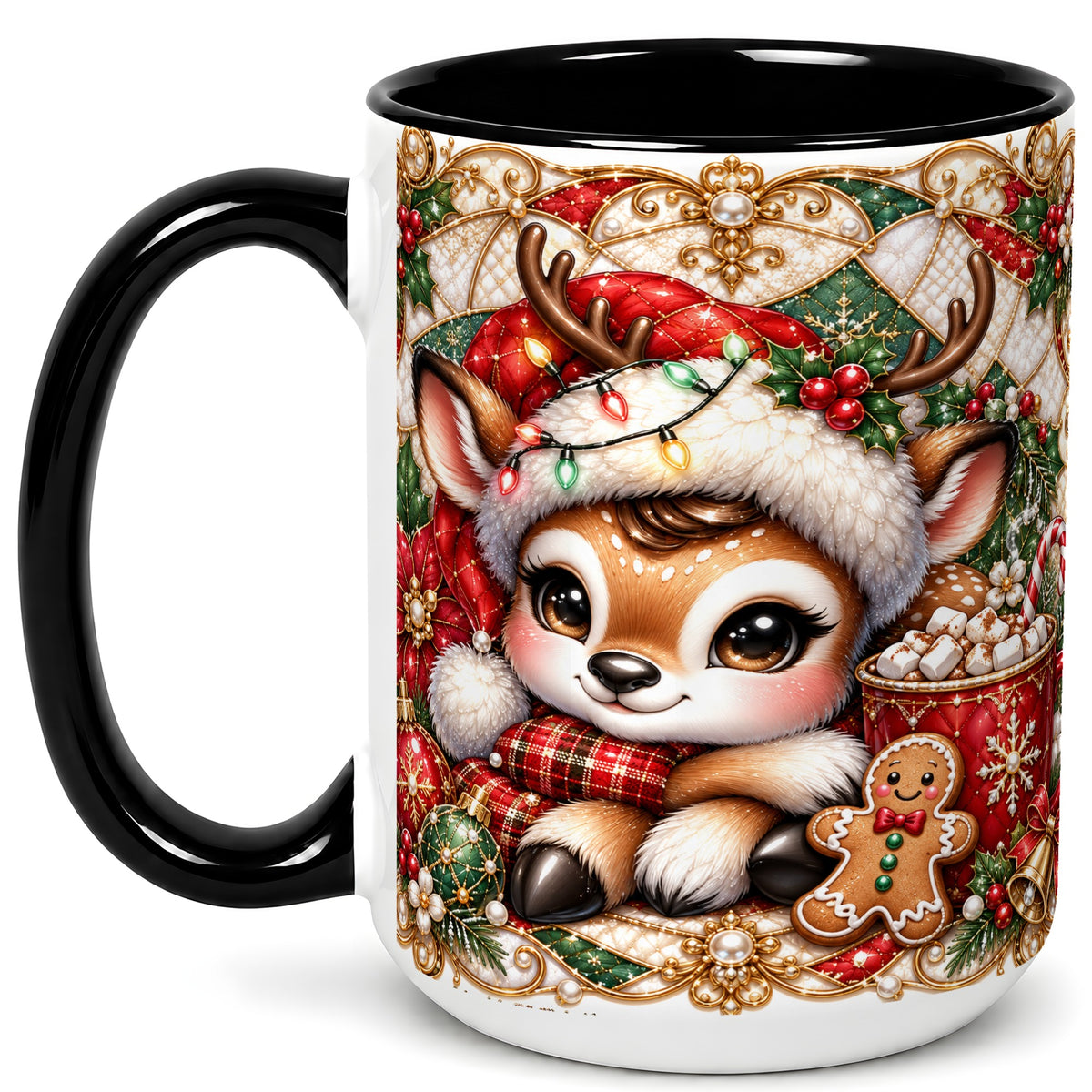 #pl[15oz|Black] Christmas Reindeer Coffee Mug, Cocoa Deer Mug, Ceramic Cup