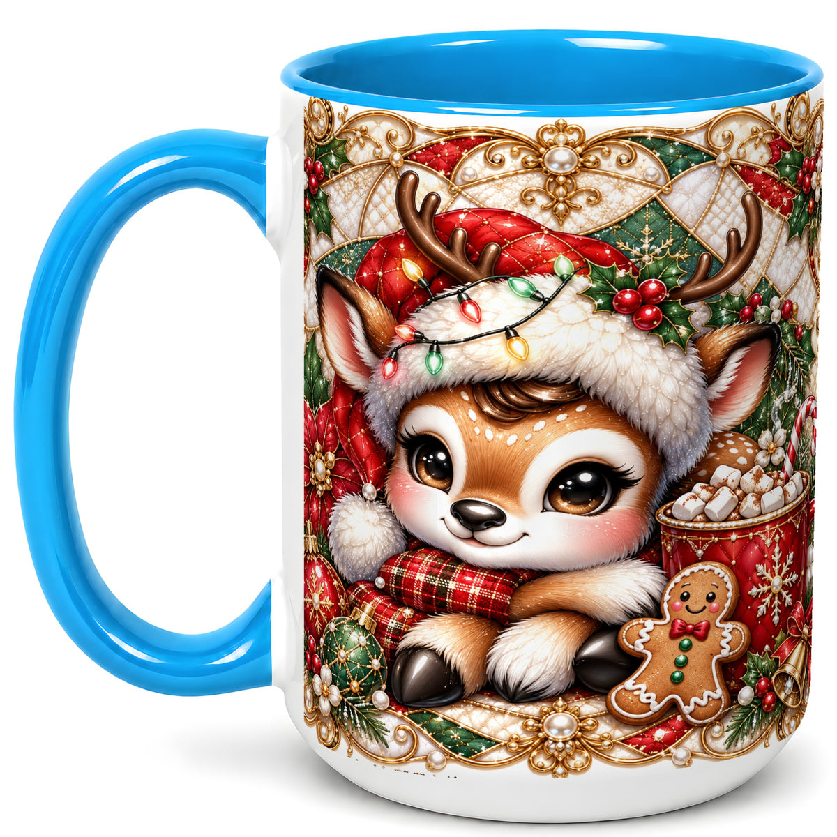 #pl[15oz|Blue] Christmas Reindeer Coffee Mug, Cocoa Deer Mug, Ceramic Cup