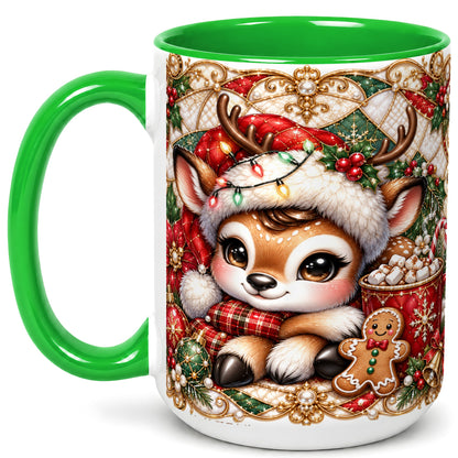 #pl[15oz|Green] Christmas Reindeer Coffee Mug, Cocoa Deer Mug, Ceramic Cup