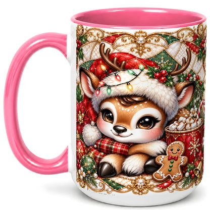 #pl[15oz|Pink] Christmas Reindeer Coffee Mug, Cocoa Deer Mug, Ceramic Cup