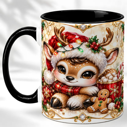 #pl[11oz|Black] Christmas Reindeer Coffee Mug, Cocoa Deer Mug, Ceramic Cup