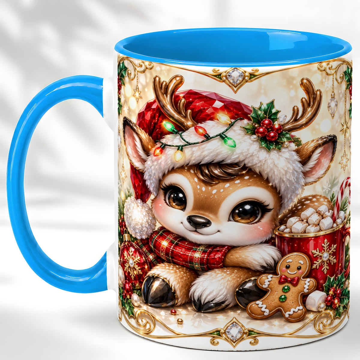 #pl[11oz|Blue] Christmas Reindeer Coffee Mug, Cocoa Deer Mug, Ceramic Cup