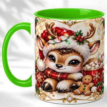 #pl[11oz|Green] Christmas Reindeer Coffee Mug, Cocoa Deer Mug, Ceramic Cup