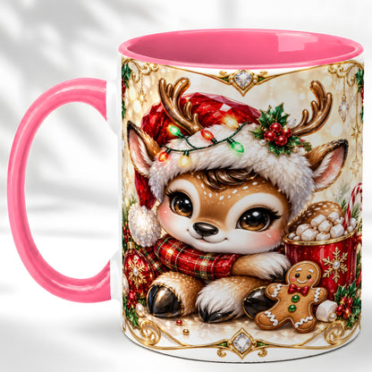 #pl[11oz|Pink] Christmas Reindeer Coffee Mug, Cocoa Deer Mug, Ceramic Cup
