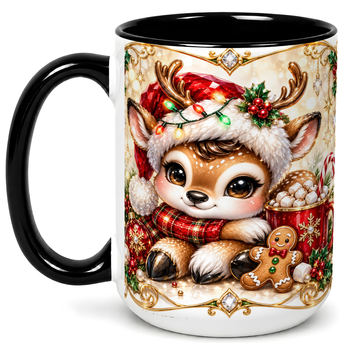 #pl[15oz|Black] Christmas Reindeer Coffee Mug, Cocoa Deer Mug, Ceramic Cup
