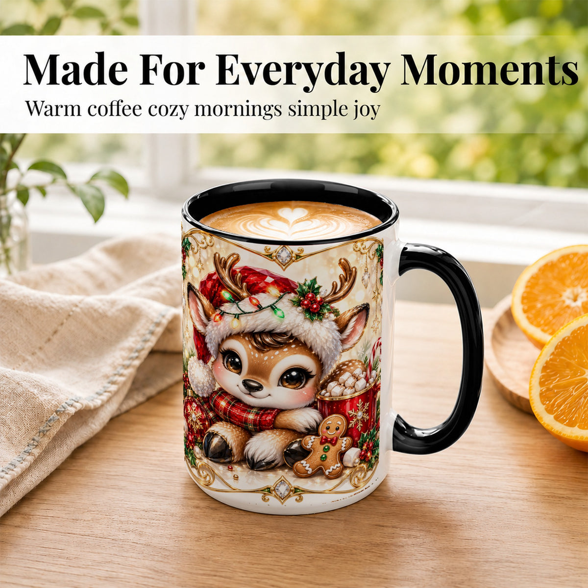 #pl[15oz|Black] Christmas Reindeer Coffee Mug, Cocoa Deer Mug, Ceramic Cup