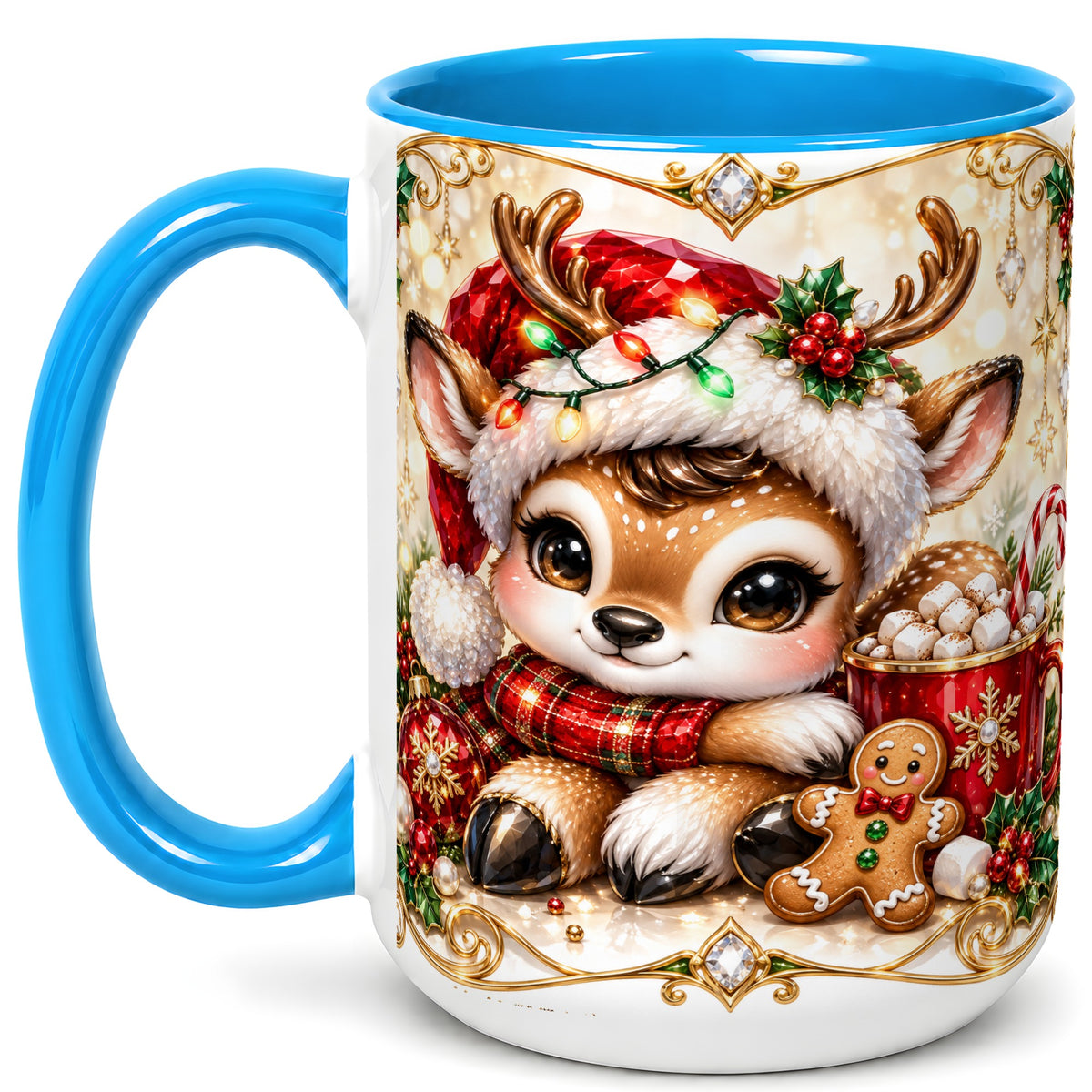 #pl[15oz|Blue] Christmas Reindeer Coffee Mug, Cocoa Deer Mug, Ceramic Cup