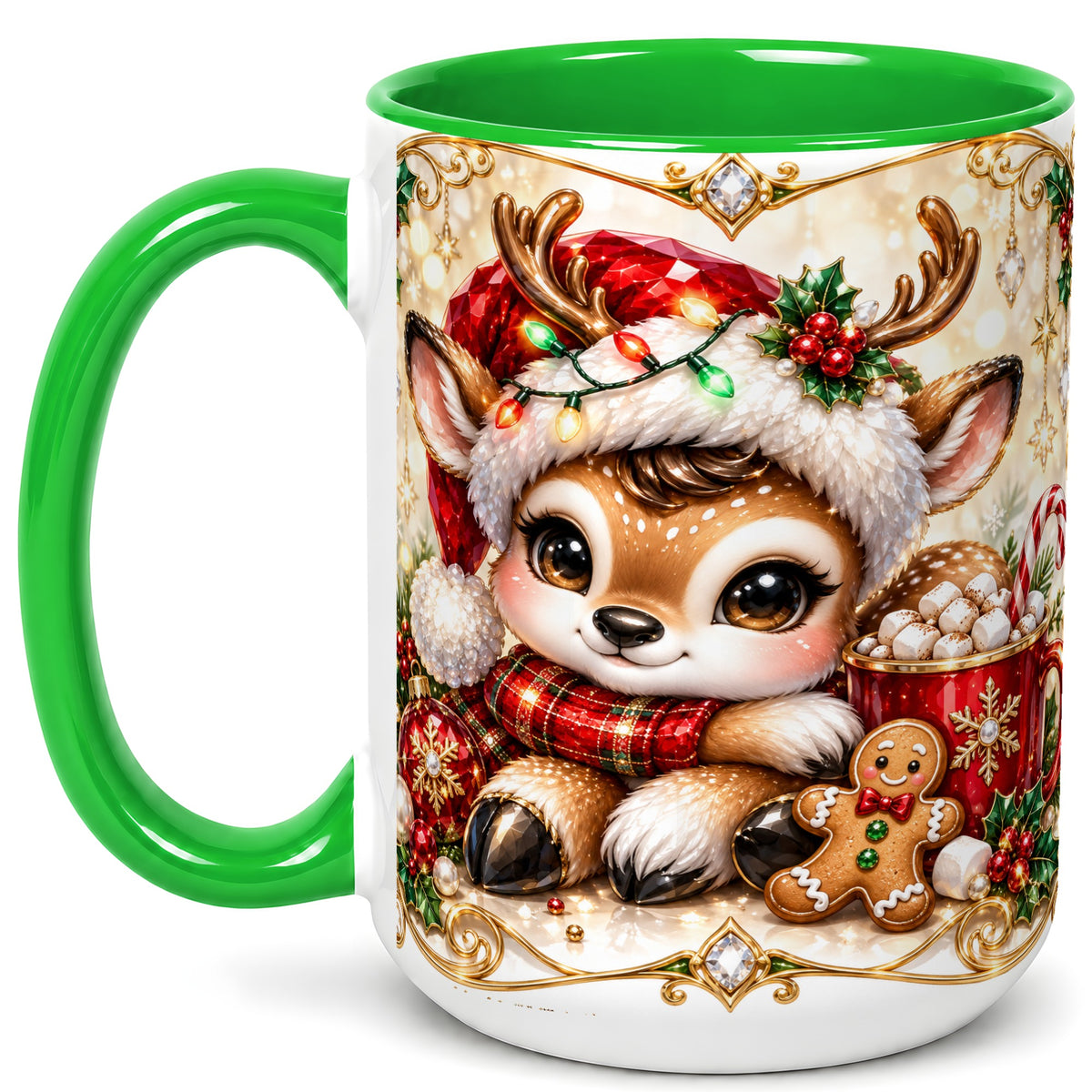 #pl[15oz|Green] Christmas Reindeer Coffee Mug, Cocoa Deer Mug, Ceramic Cup