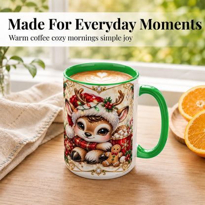 #pl[15oz|Green] Christmas Reindeer Coffee Mug, Cocoa Deer Mug, Ceramic Cup