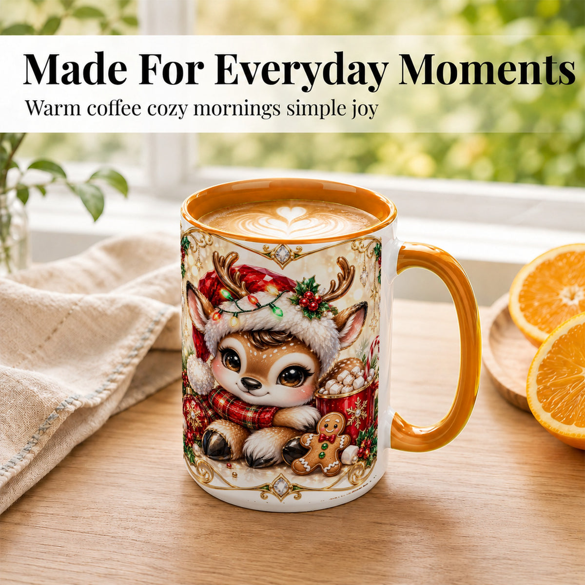 #pl[15oz|Orange] Christmas Reindeer Coffee Mug, Cocoa Deer Mug, Ceramic Cup