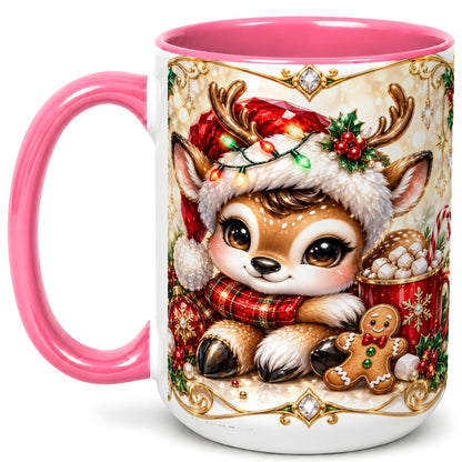 #pl[15oz|Pink] Christmas Reindeer Coffee Mug, Cocoa Deer Mug, Ceramic Cup