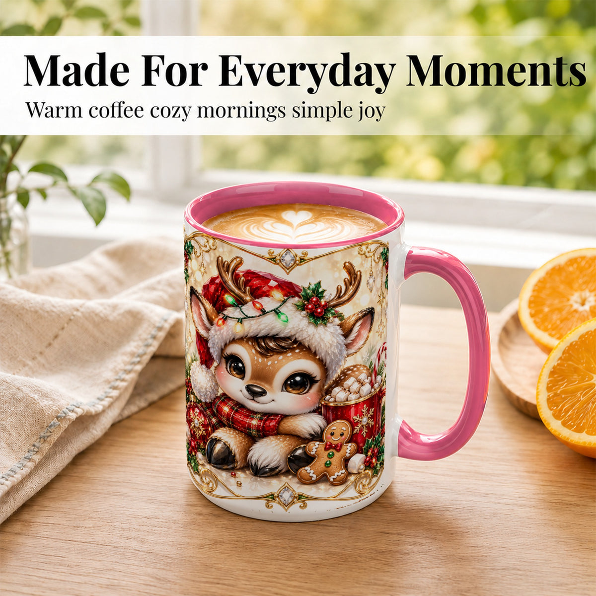 #pl[15oz|Pink] Christmas Reindeer Coffee Mug, Cocoa Deer Mug, Ceramic Cup