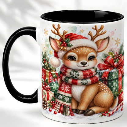 #pl[11oz|Black] Watercolor Christmas Reindeer Coffee Mug, Holiday Deer Mug, Ceramic Cup