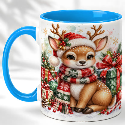#pl[11oz|Blue] Watercolor Christmas Reindeer Coffee Mug, Holiday Deer Mug, Ceramic Cup
