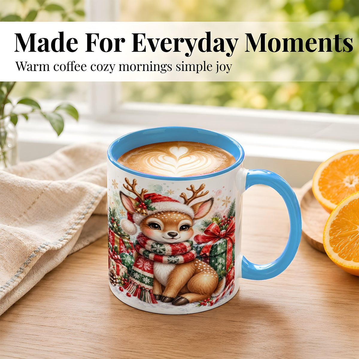#pl[11oz|Blue] Watercolor Christmas Reindeer Coffee Mug, Holiday Deer Mug, Ceramic Cup