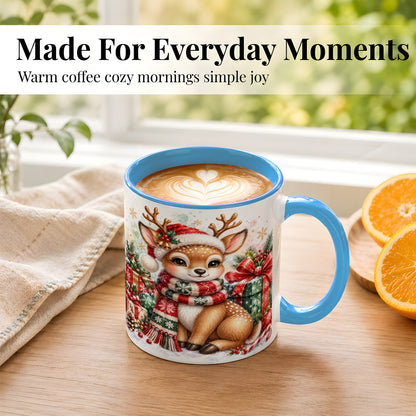 #pl[11oz|Blue] Watercolor Christmas Reindeer Coffee Mug, Holiday Deer Mug, Ceramic Cup