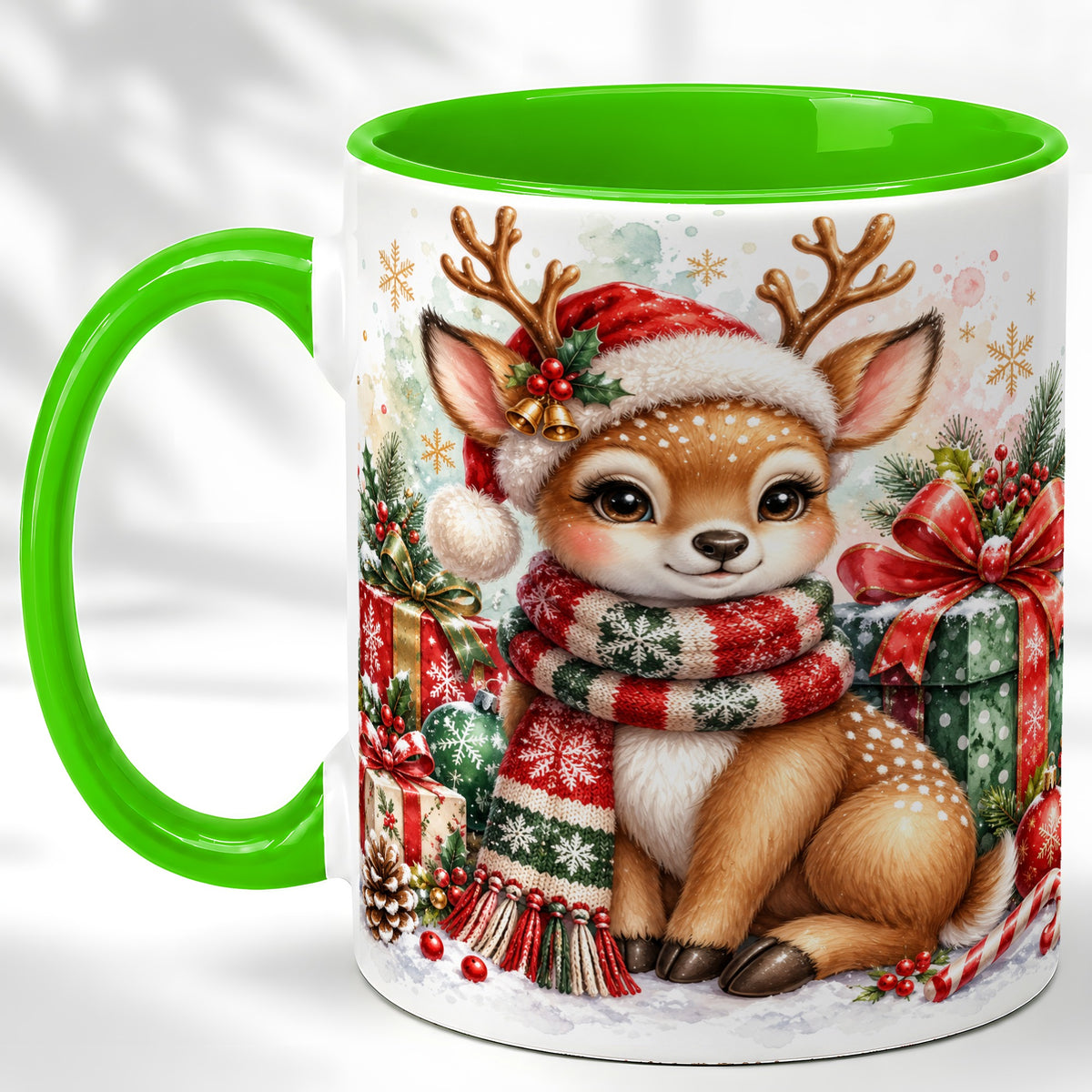 #pl[11oz|Green] Watercolor Christmas Reindeer Coffee Mug, Holiday Deer Mug, Ceramic Cup