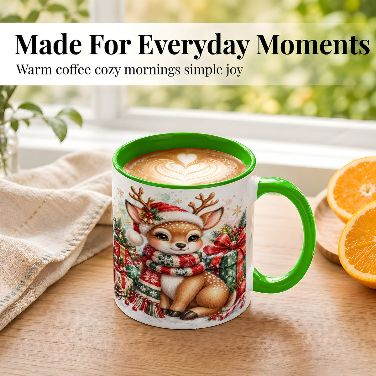 #pl[11oz|Green] Watercolor Christmas Reindeer Coffee Mug, Holiday Deer Mug, Ceramic Cup
