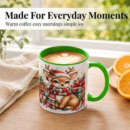 #pl[11oz|Green] Watercolor Christmas Reindeer Coffee Mug, Holiday Deer Mug, Ceramic Cup
