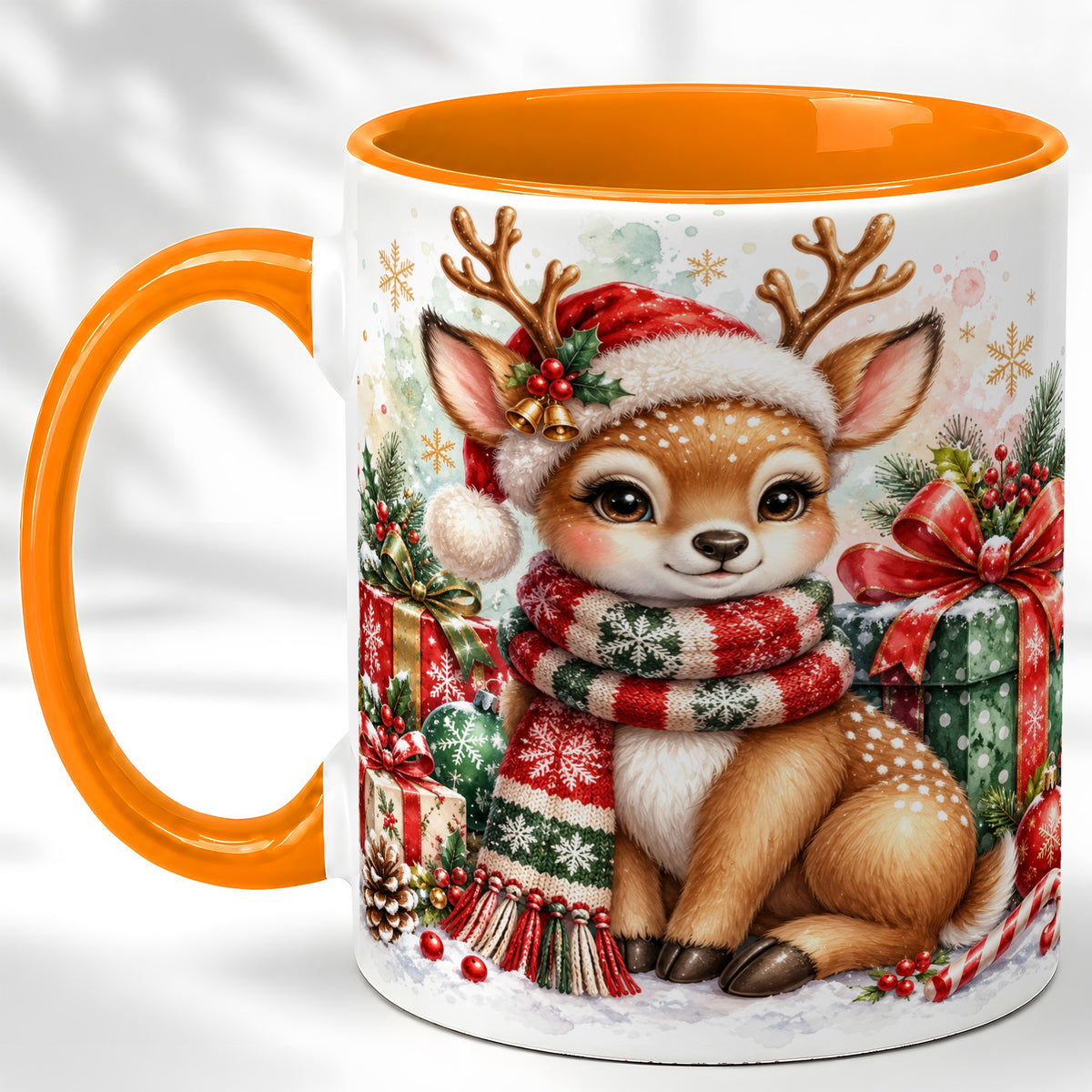 #pl[11oz|Orange] Watercolor Christmas Reindeer Coffee Mug, Holiday Deer Mug, Ceramic Cup