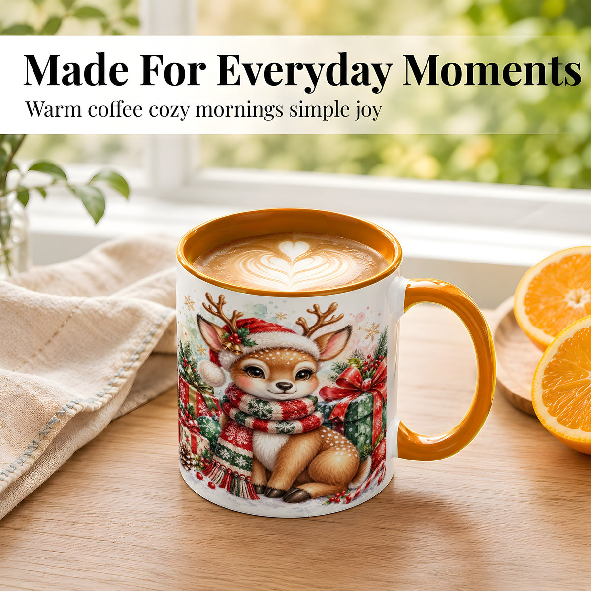#pl[11oz|Orange] Watercolor Christmas Reindeer Coffee Mug, Holiday Deer Mug, Ceramic Cup