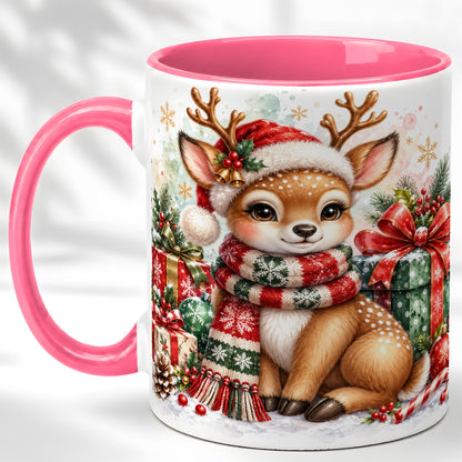 #pl[11oz|Pink] Watercolor Christmas Reindeer Coffee Mug, Holiday Deer Mug, Ceramic Cup