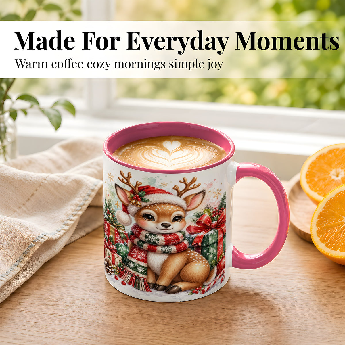 #pl[11oz|Pink] Watercolor Christmas Reindeer Coffee Mug, Holiday Deer Mug, Ceramic Cup