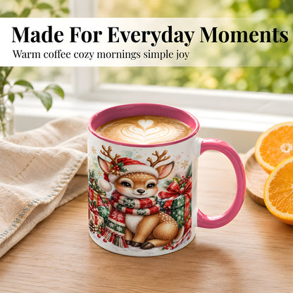#pl[11oz|Pink] Watercolor Christmas Reindeer Coffee Mug, Holiday Deer Mug, Ceramic Cup