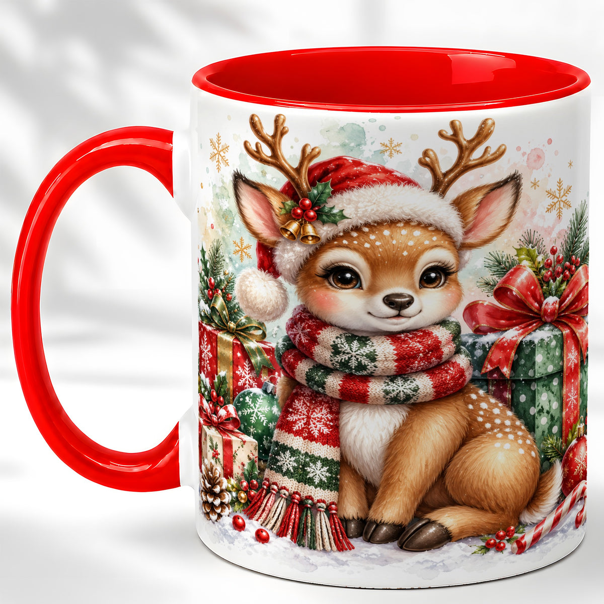 Watercolor Christmas Reindeer Coffee Mug, Holiday Deer Mug, Ceramic Cup