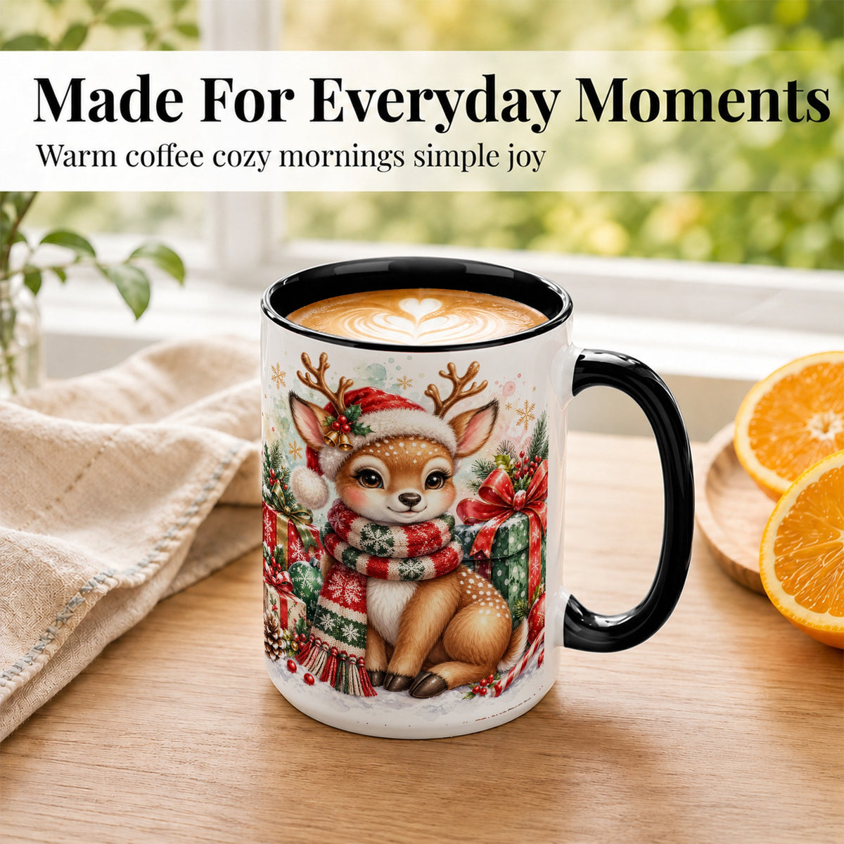 #pl[15oz|Black] Watercolor Christmas Reindeer Coffee Mug, Holiday Deer Mug, Ceramic Cup
