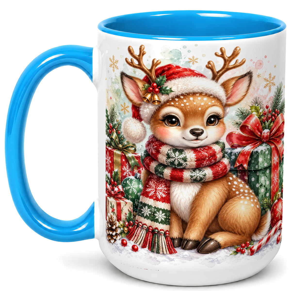#pl[15oz|Blue] Watercolor Christmas Reindeer Coffee Mug, Holiday Deer Mug, Ceramic Cup